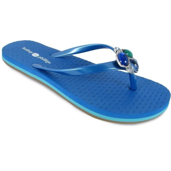 New Lindsay Phillips Embellished Flip Flops Kelli Princess Blue Sz 10 sandals - Picture 4 of 16